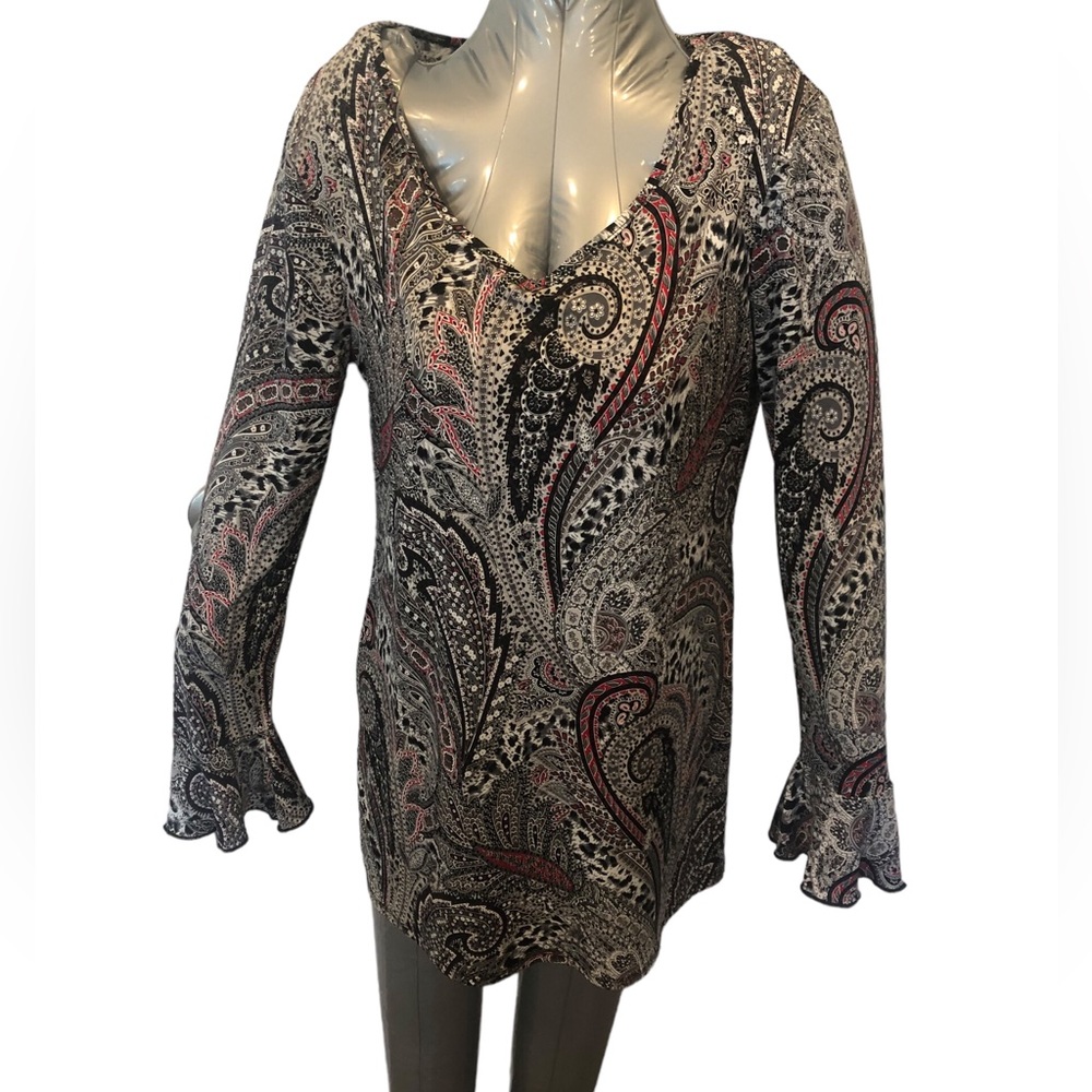 Db established Women’s medium paisley black long sleeve top stretch - Picture 1 of 10